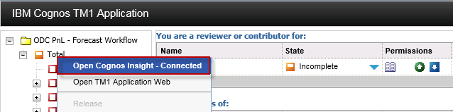 TM1 Insight launched from context menu in approval hierarchy