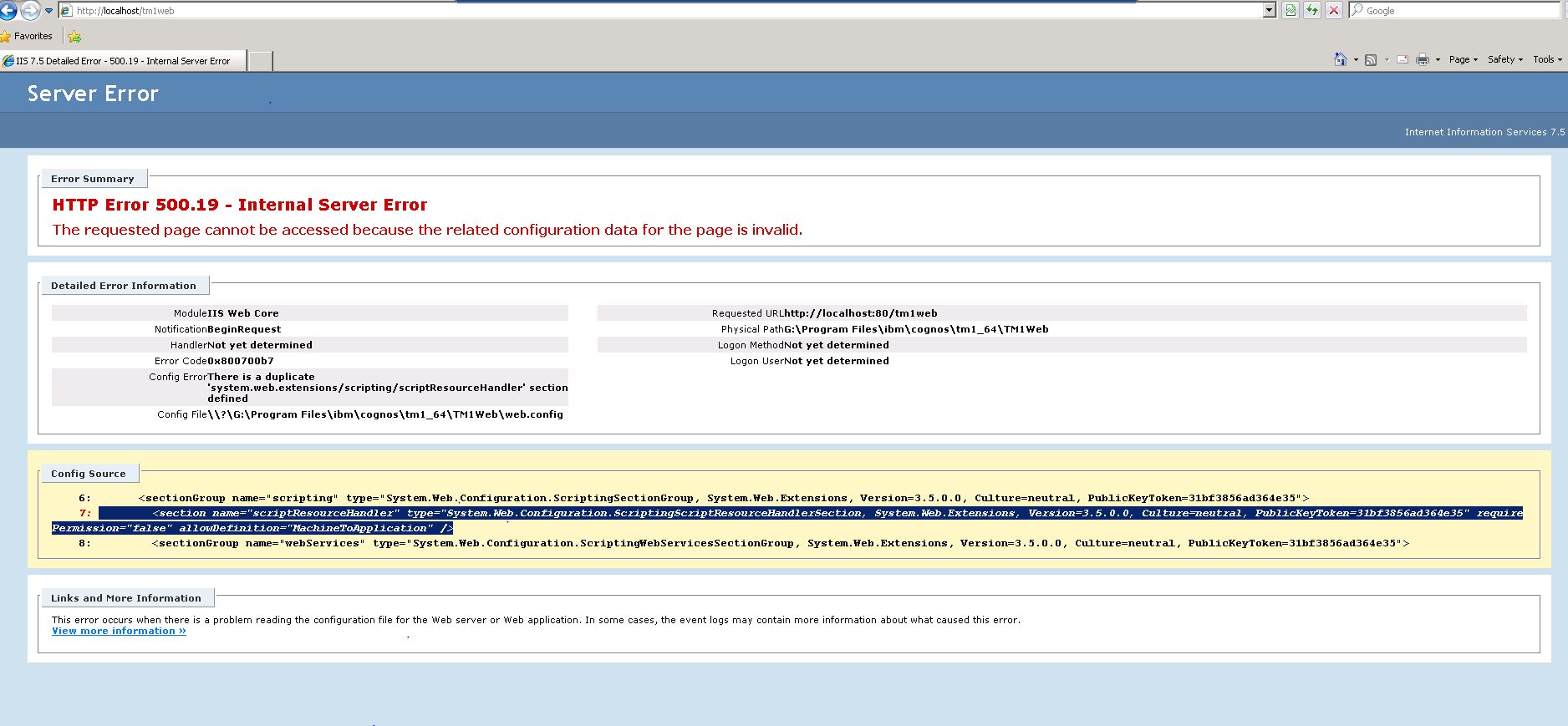 TM1 Web  Error Screen shot