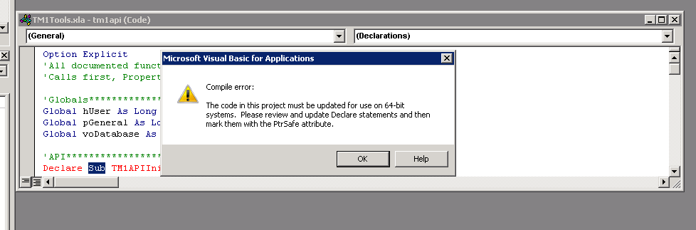 Screen shot of VB error message