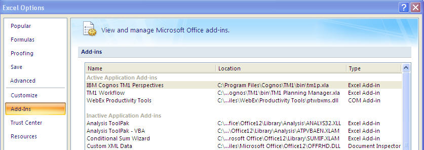Excel Addins options